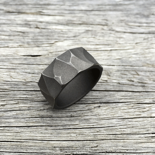 Distressed titanium ring. Sandblasted finish with worn peaks. 8-9mm wide. $550 – all sizes.